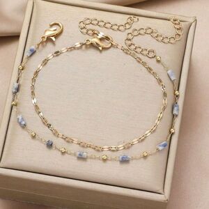 2 Pc Natural Gemstone Beaded Bracelet Set Adjstable Gold Chain Blue Double Layer